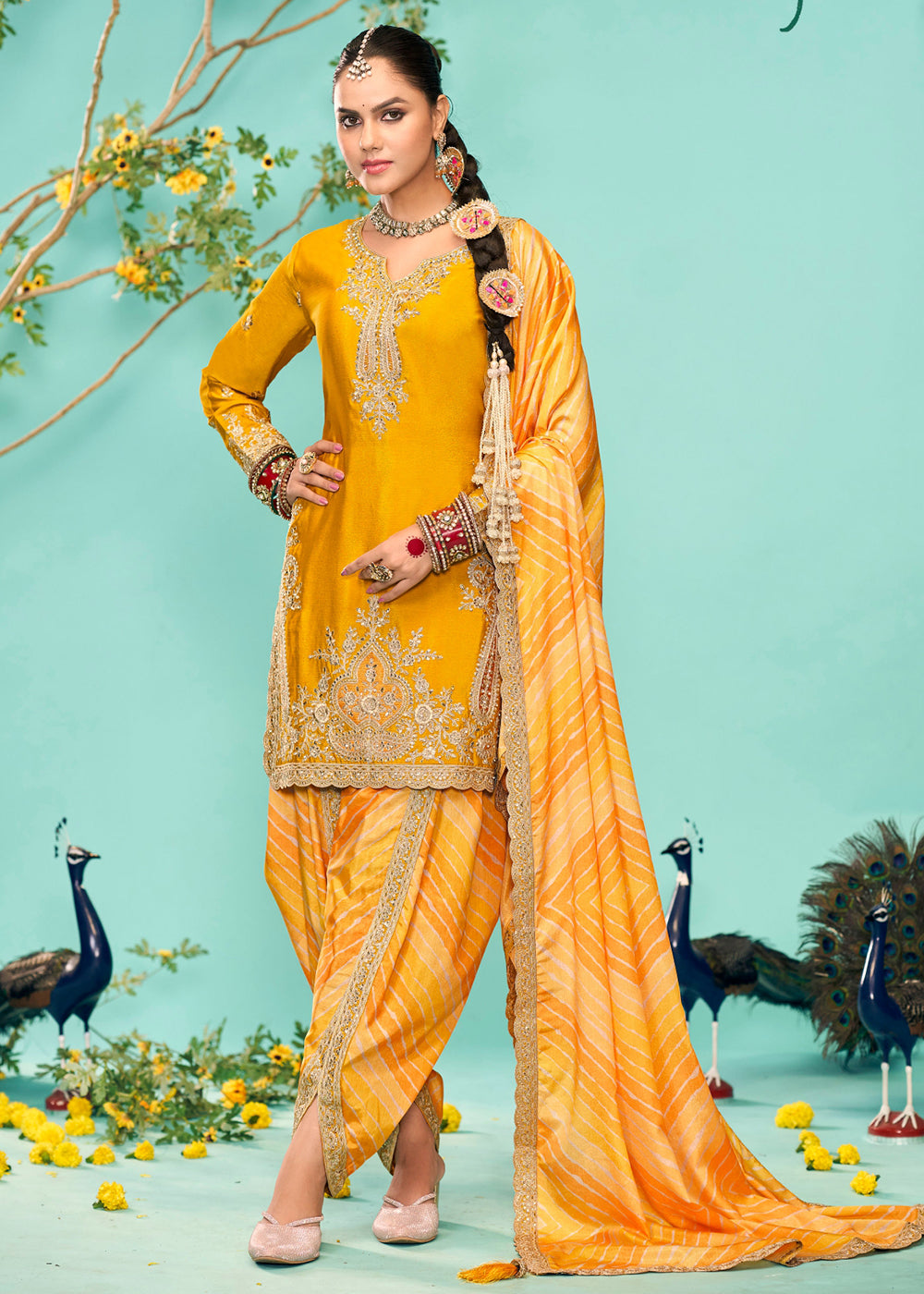 Buy Now Enticing Yellow Heavy Chinnon Tulip Style Dhoti Suit Online in USA, UK, Canada, Germany, Italy & Worldwide at Empress Clothing.