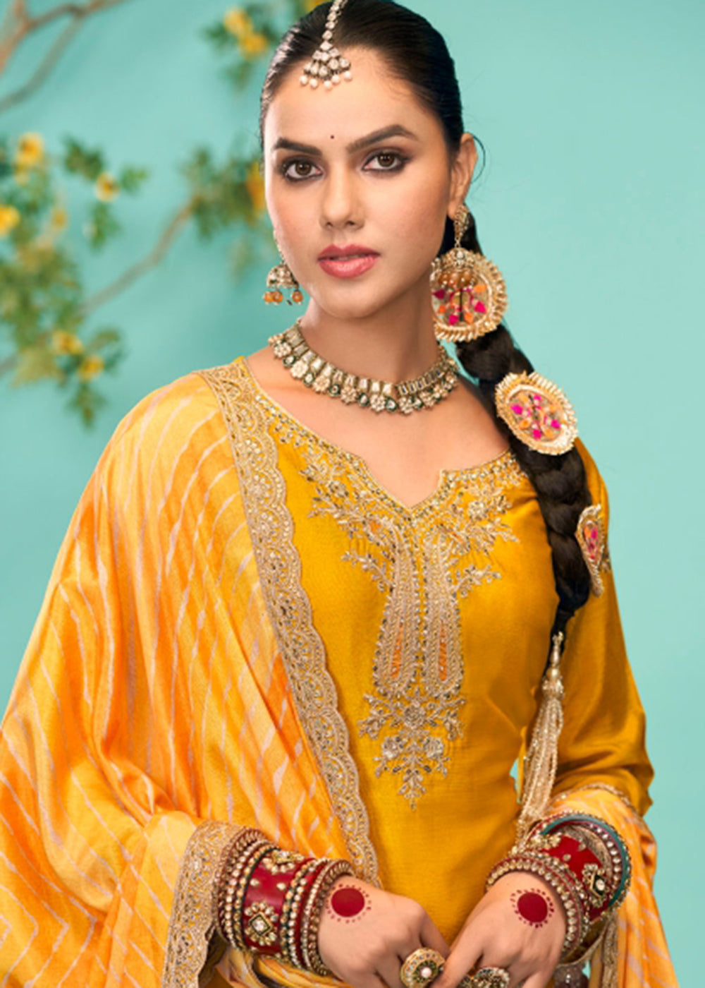 Buy Now Enticing Yellow Heavy Chinnon Tulip Style Dhoti Suit Online in USA, UK, Canada, Germany, Italy & Worldwide at Empress Clothing.