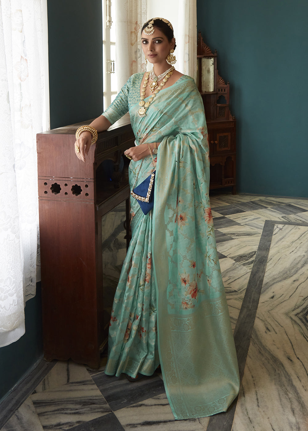 Buy Now Enchanting Ice Blue Floral Printed Soft Silk Designer Saree Online in USA, UK, Canada & Worldwide at Empress Clothing. 