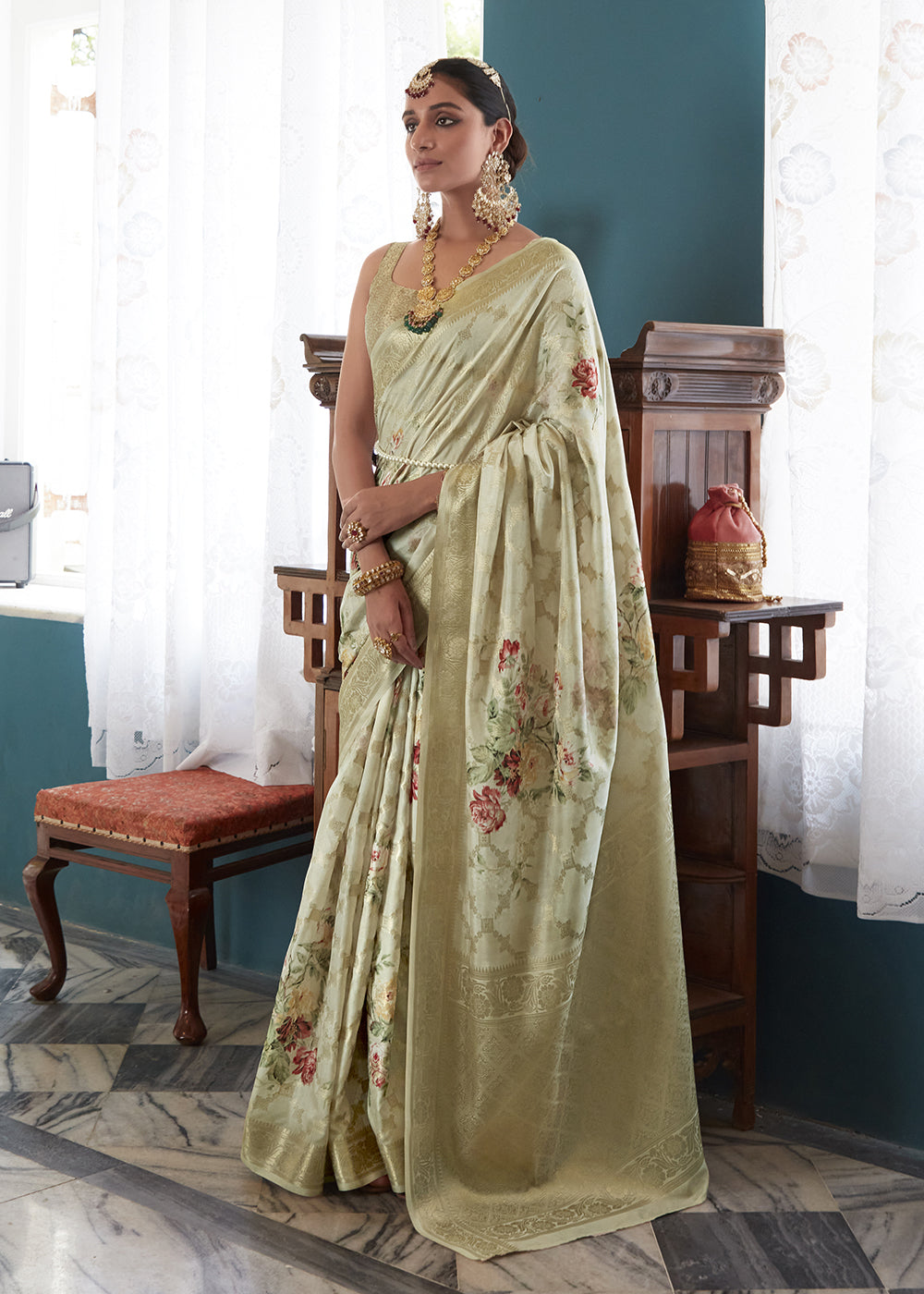 Buy Now Enchanting Pista Green Floral Printed Soft Silk Designer Saree Online in USA, UK, Canada & Worldwide at Empress Clothing. 