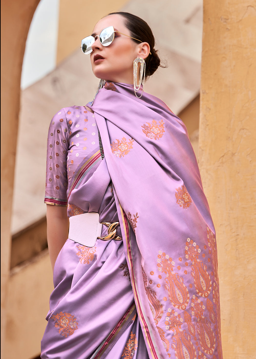 Buy Now Lilac Purple Pure Satin Zari Weaving Wedding Festive Saree Online in USA, UK, Canada & Worldwide at Empress Clothing. 