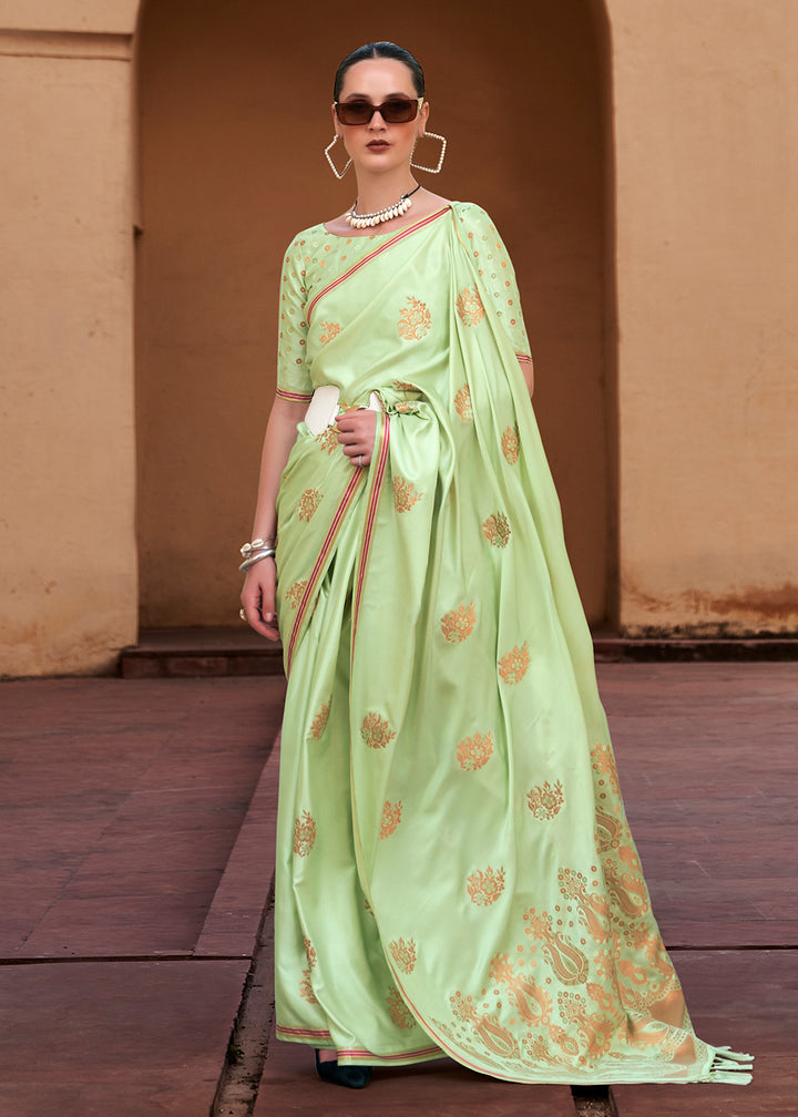 Buy Now Sprout Green Pure Satin Zari Weaving Wedding Festive Saree Online in USA, UK, Canada & Worldwide at Empress Clothing.