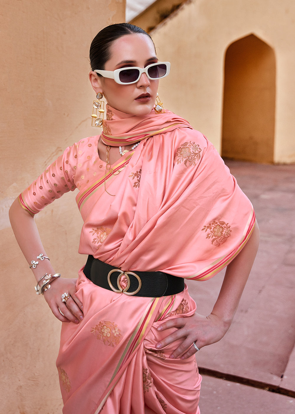 Buy Now Sea Pink Pure Satin Zari Weaving Wedding Festive Saree Online in USA, UK, Canada & Worldwide at Empress Clothing