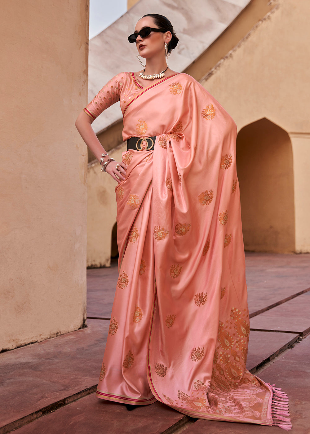 Buy Now Coral Pink Pure Satin Zari Weaving Wedding Festive Saree Online in USA, UK, Canada & Worldwide at Empress Clothing. 