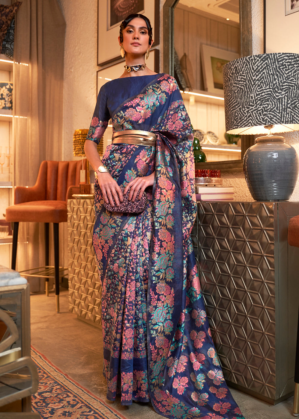 Shop Now Denim Blue Floral Kashmiri Weaving Silk Wedding Party Saree from Empress Clothing in USA, UK, Canada & Worldwide.