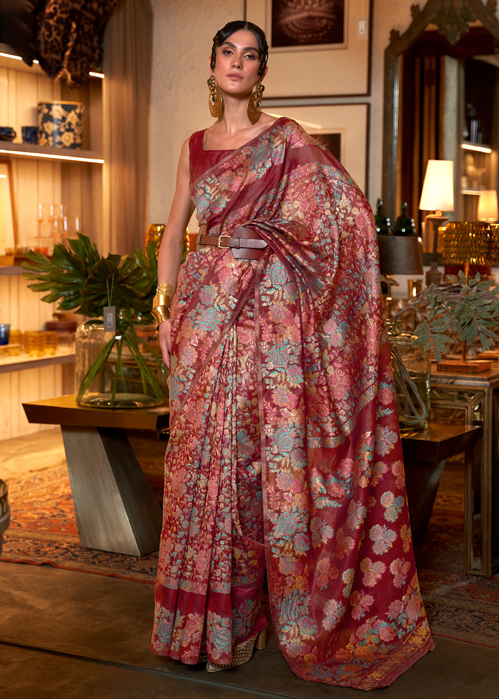 Shop Now Earth Red Floral Kashmiri Weaving Silk Wedding Party Saree from Empress Clothing in USA, UK, Canada & Worldwide. 