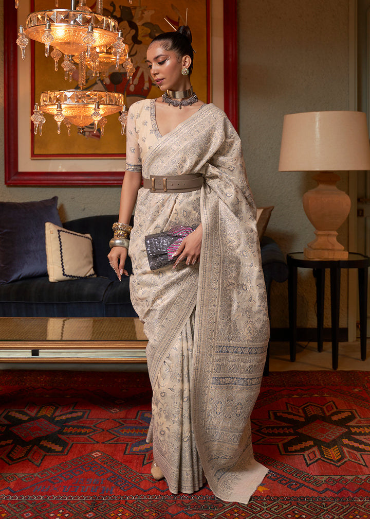 Buy Now Silver Vanilla Beige Kashmiri Cotton Silk Saree Online in USA, UK, Canada & Worldwide at Empress Clothing. 