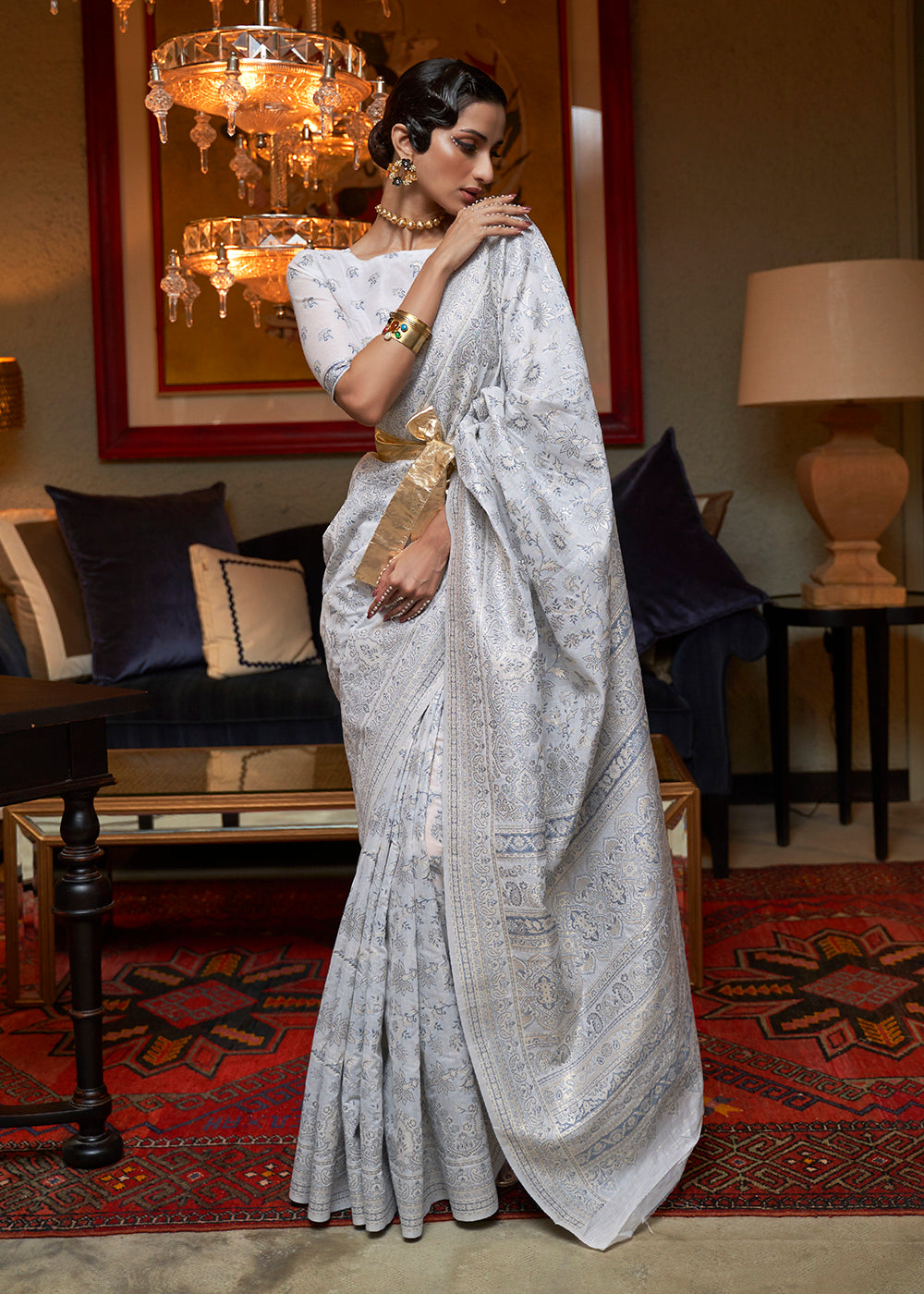 Buy Now Silver Pearl White Kashmiri Cotton Silk Saree Online in USA, UK, Canada & Worldwide at Empress Clothing.