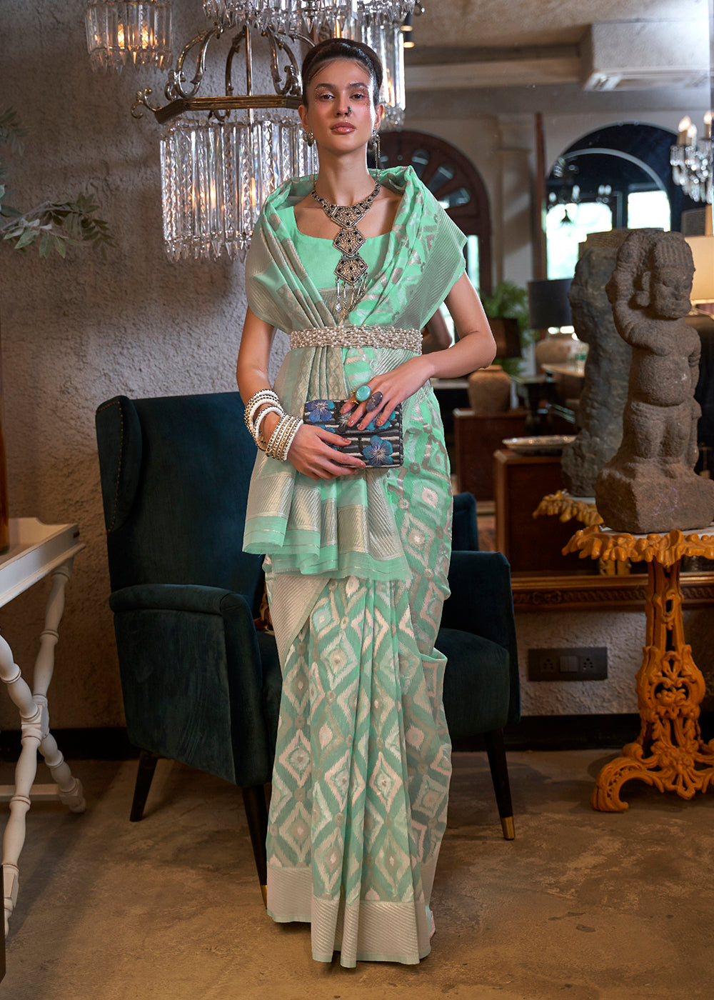 Shop Now Fascinating Mint Green Zari Weaving Linen Designer Saree from Empress Clothing in USA, UK, Canada & Worldwide. 