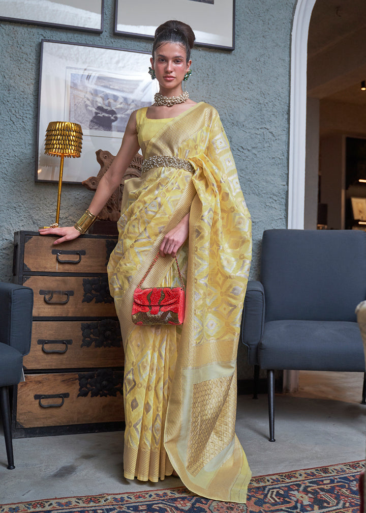 Shop Now Wonderful Yellow Zari Weaving Linen Designer Saree from Empress Clothing in USA, UK, Canada & Worldwide.