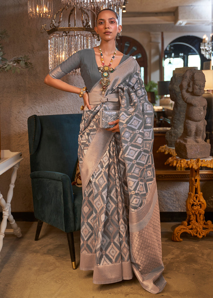 Shop Now Impressive Grey Zari Weaving Linen Designer Saree from Empress Clothing in USA, UK, Canada & Worldwide.
