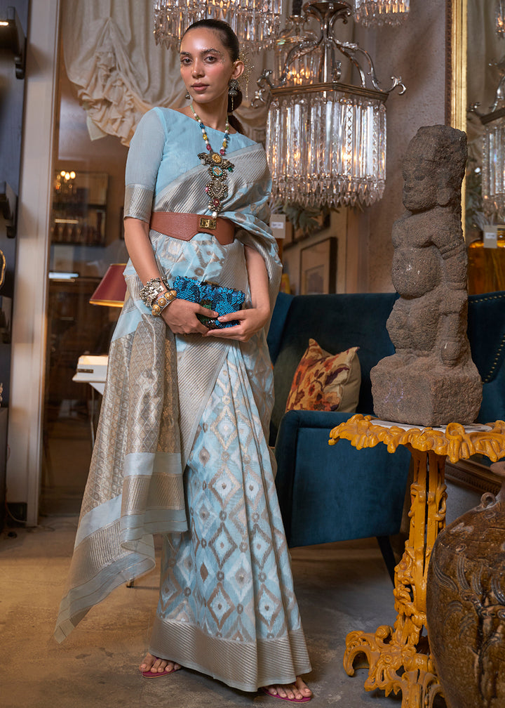 Shop Now Stunning Sky Blue Zari Weaving Linen Designer Saree from Empress Clothing in USA, UK, Canada & Worldwide.