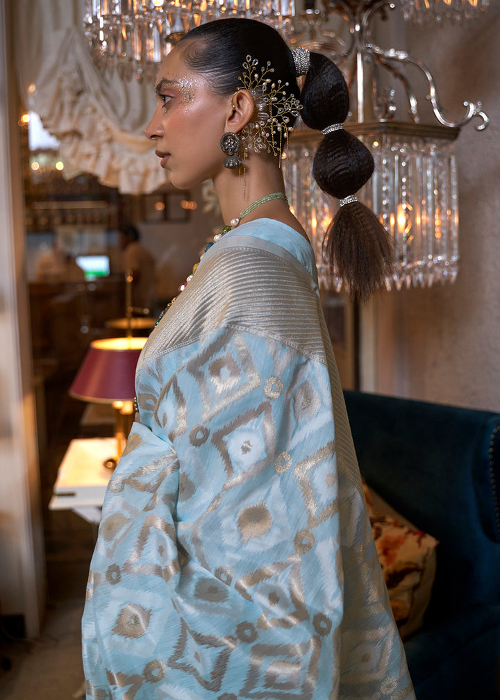Shop Now Stunning Sky Blue Zari Weaving Linen Designer Saree from Empress Clothing in USA, UK, Canada & Worldwide.