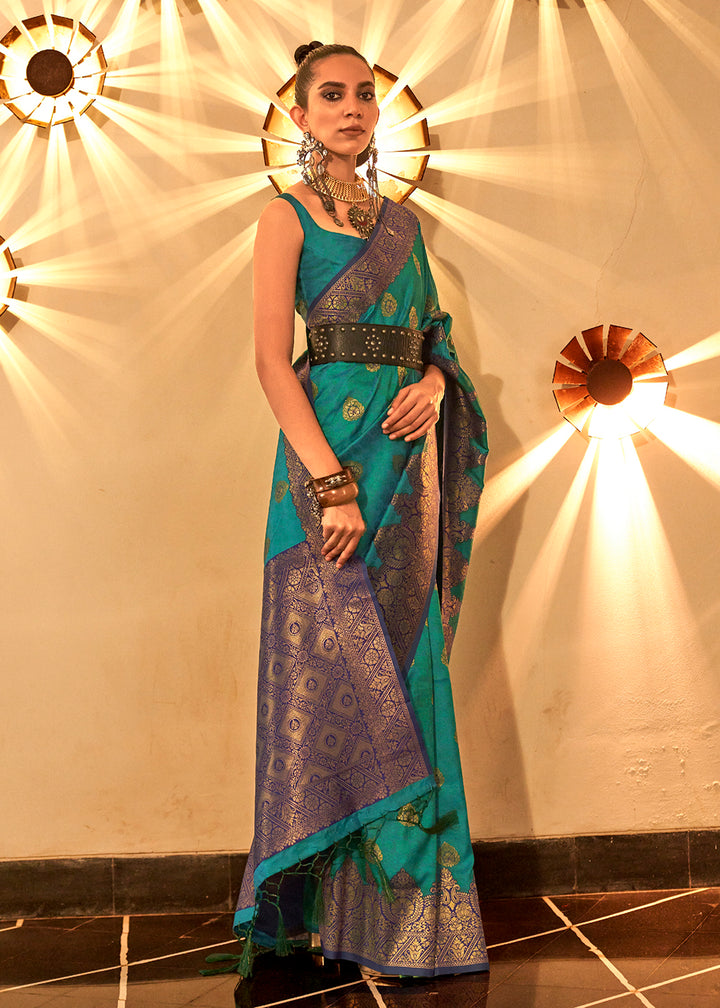 Buy Now Trendy Weaving Silk Teal Green Designer Saree Online in USA, UK, Canada & Worldwide at Empress Clothing. 