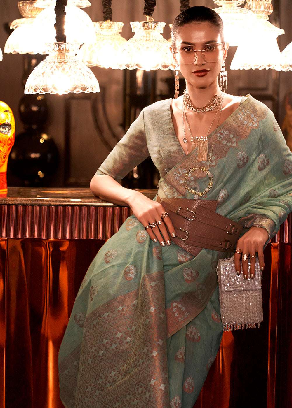 Shop Now Pretty Firefly Green Copper Zari Weaving Linen Designer Saree from Empress Clothing in USA, UK, Canada & Worldwide.