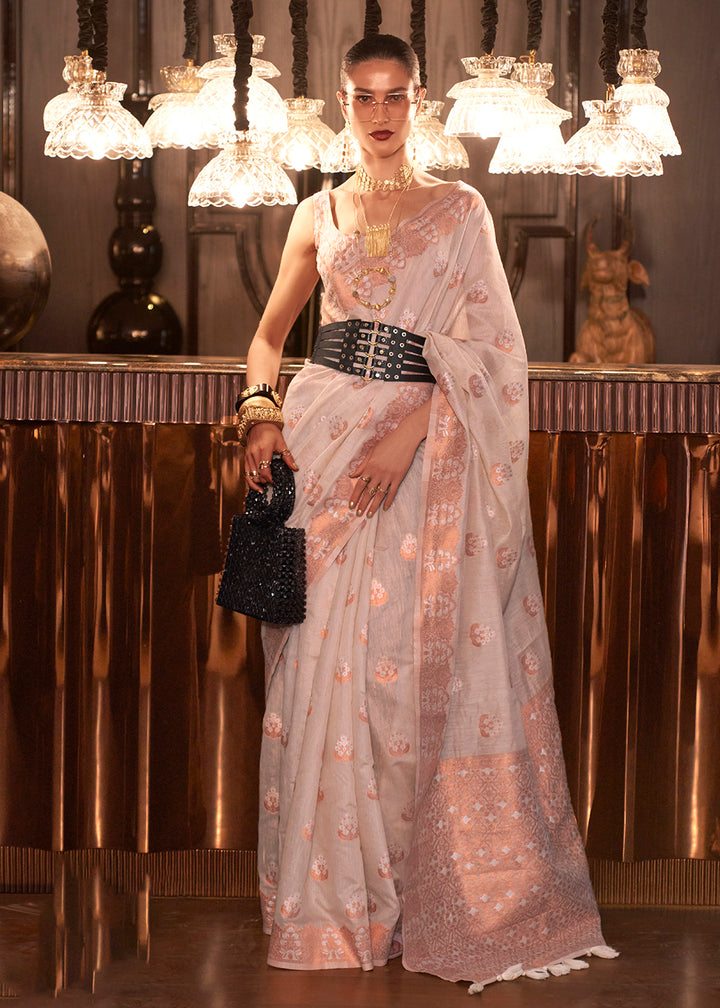 Shop Now Pearl Off White Copper Zari Weaving Linen Designer Saree from Empress Clothing in USA, UK, Canada & Worldwide. 