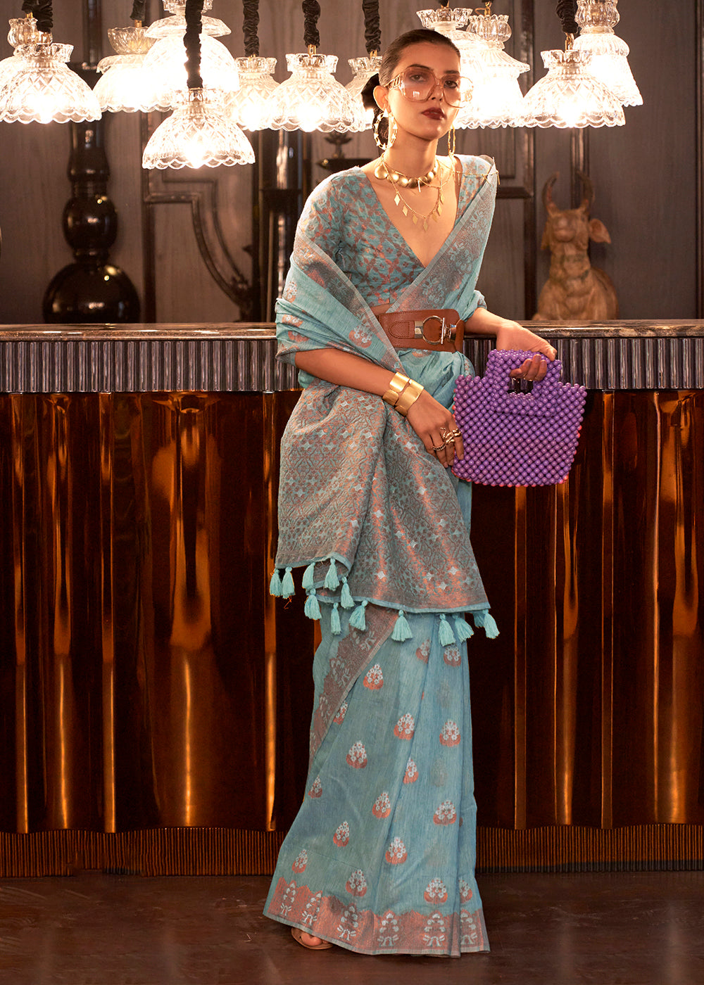 Shop Now Dashing British Blue Copper Zari Weaving Linen Designer Saree from Empress Clothing in USA, UK, Canada & Worldwide. 