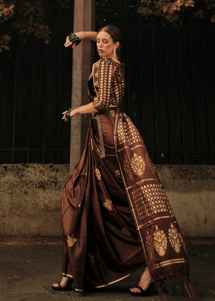 Buy Now Elegant Chocolate Brown Pure Satin Silk Designer Saree Online in USA, UK, Canada & Worldwide at Empress Clothing. 
