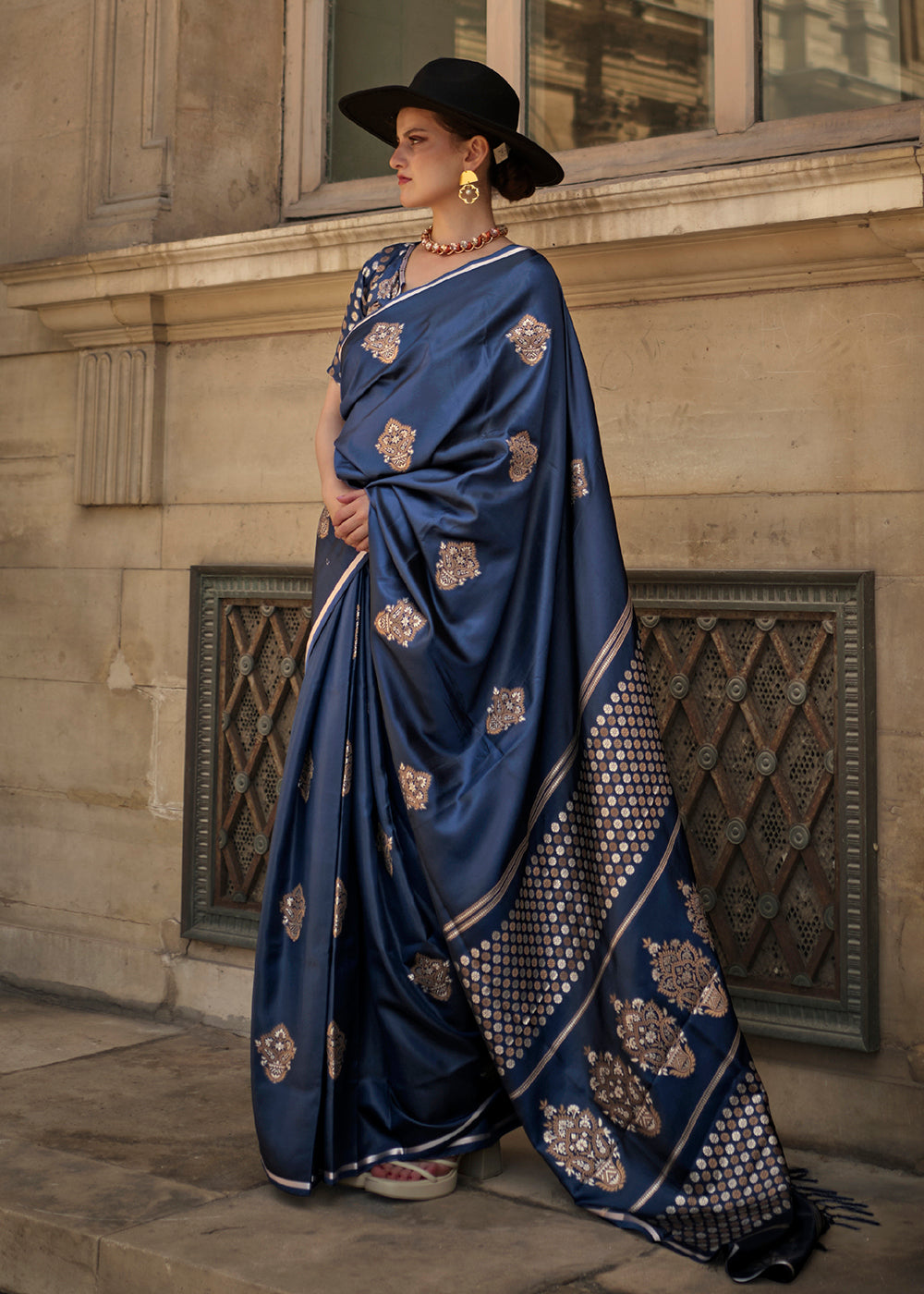 Buy Now Elegant Navy Blue Pure Satin Silk Designer Saree Online in USA, UK, Canada & Worldwide at Empress Clothing. 