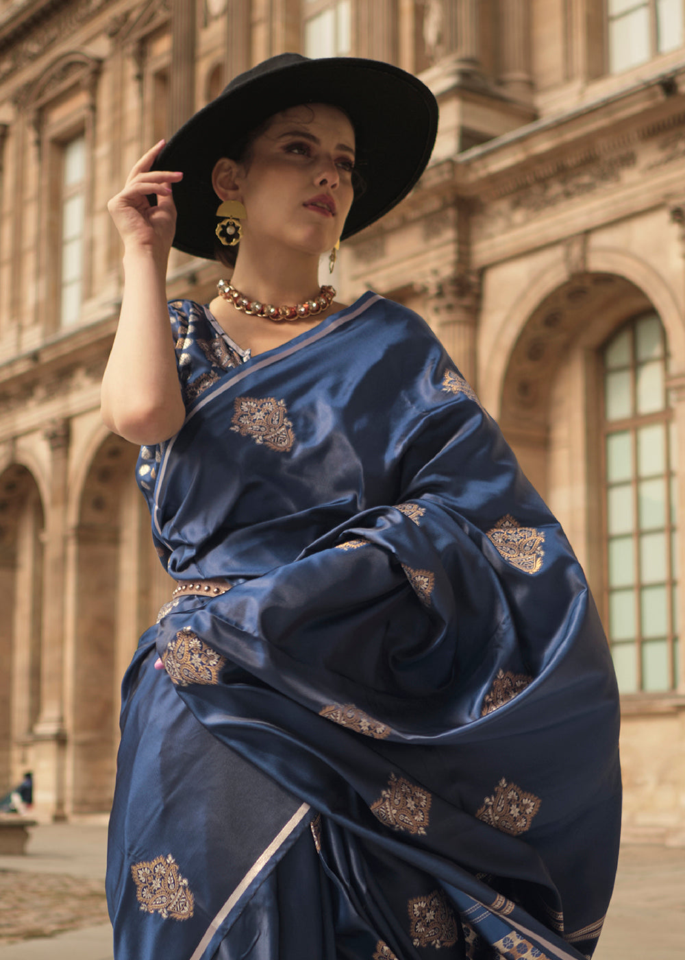 Buy Now Elegant Navy Blue Pure Satin Silk Designer Saree Online in USA, UK, Canada & Worldwide at Empress Clothing. 