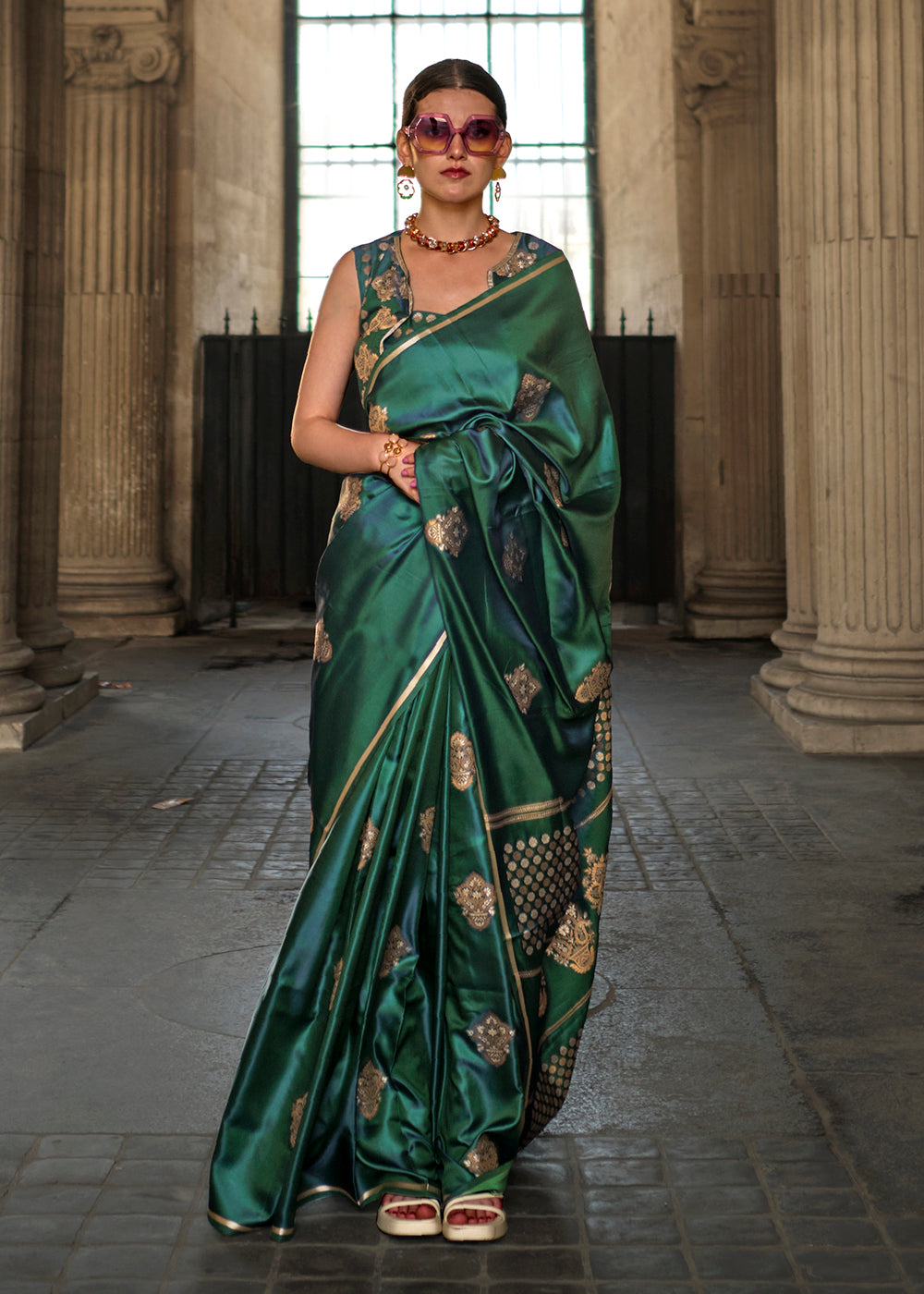 Buy Now Elegant Bottle Green Pure Satin Silk Designer Saree Online in USA, UK, Canada & Worldwide at Empress Clothing. 