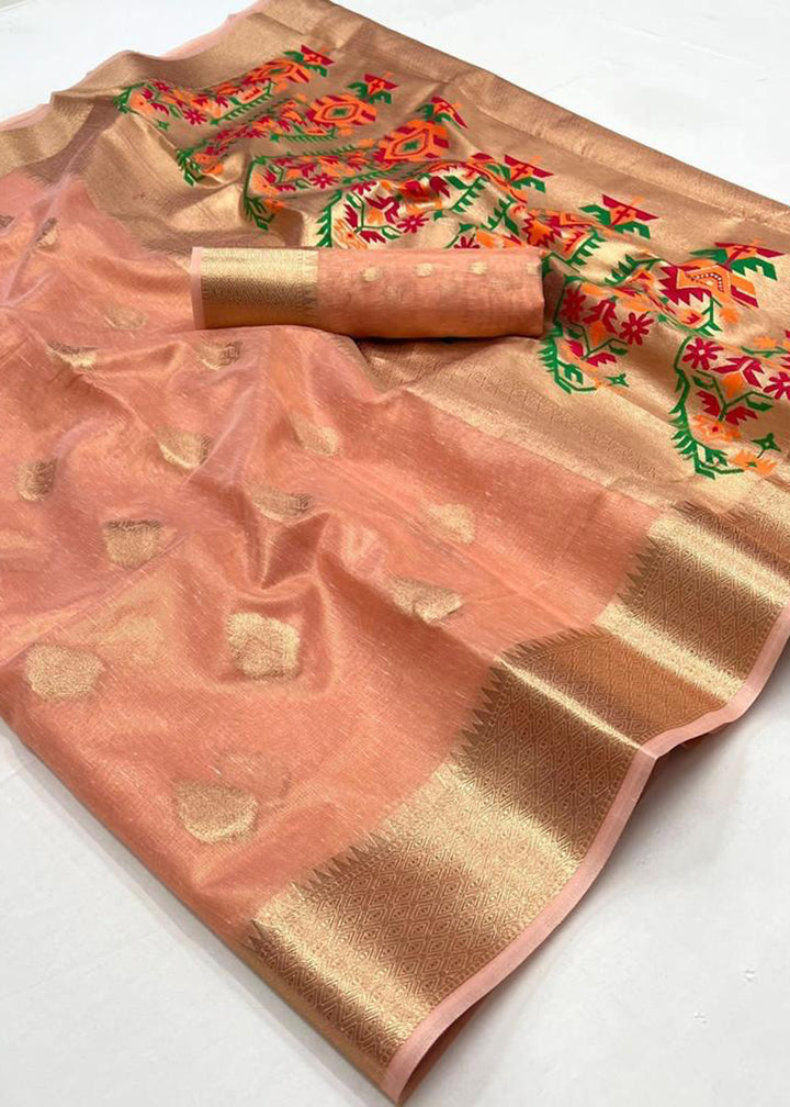 Buy Now Peach Handwoven Tissue Fabric Festive & Party Style Saree Online in USA, UK, Canada & Worldwide at Empress Clothing.