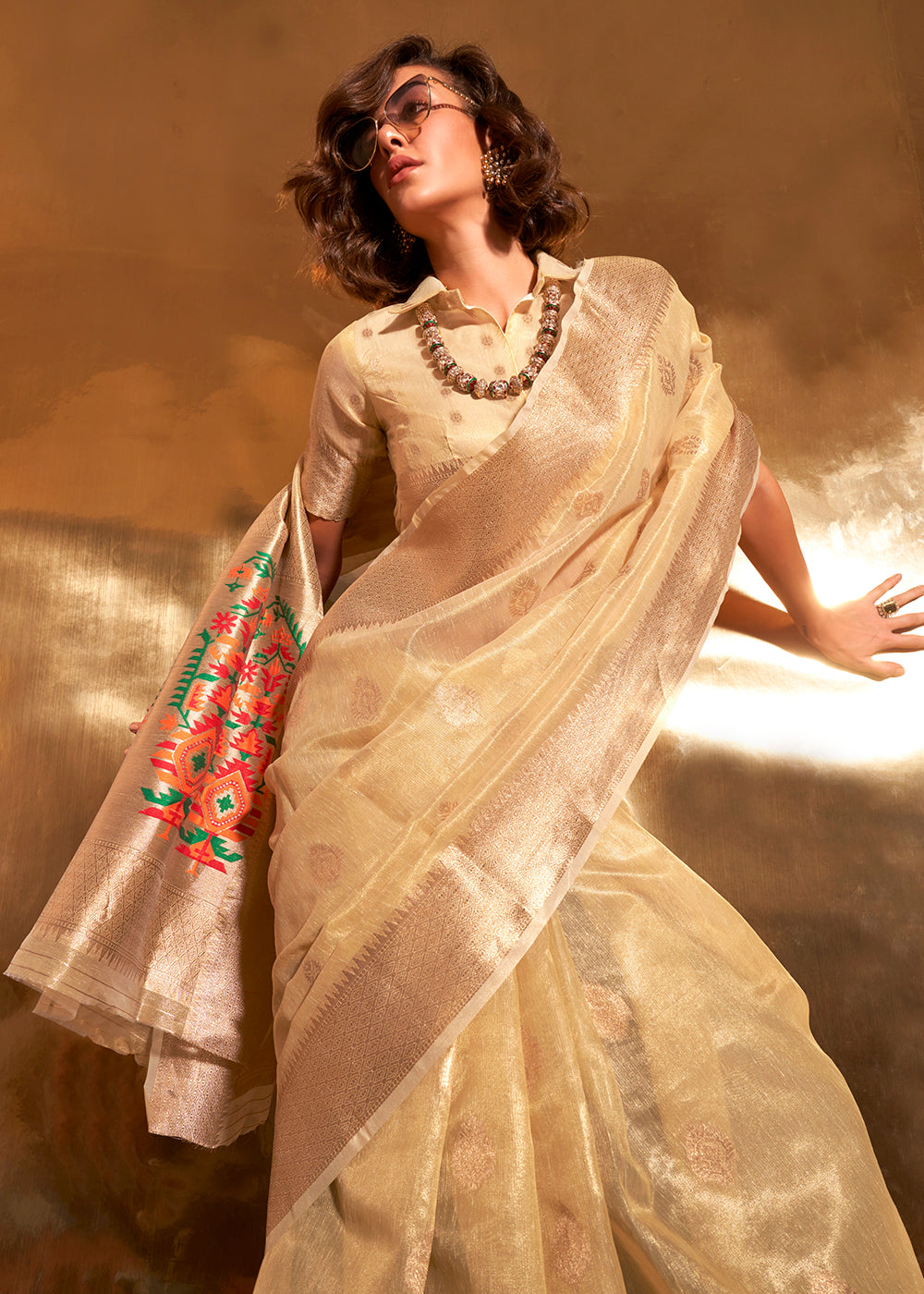 Buy Now Golden Handwoven Tissue Fabric Festive & Party Style Saree Online in USA, UK, Canada & Worldwide at Empress Clothing. 