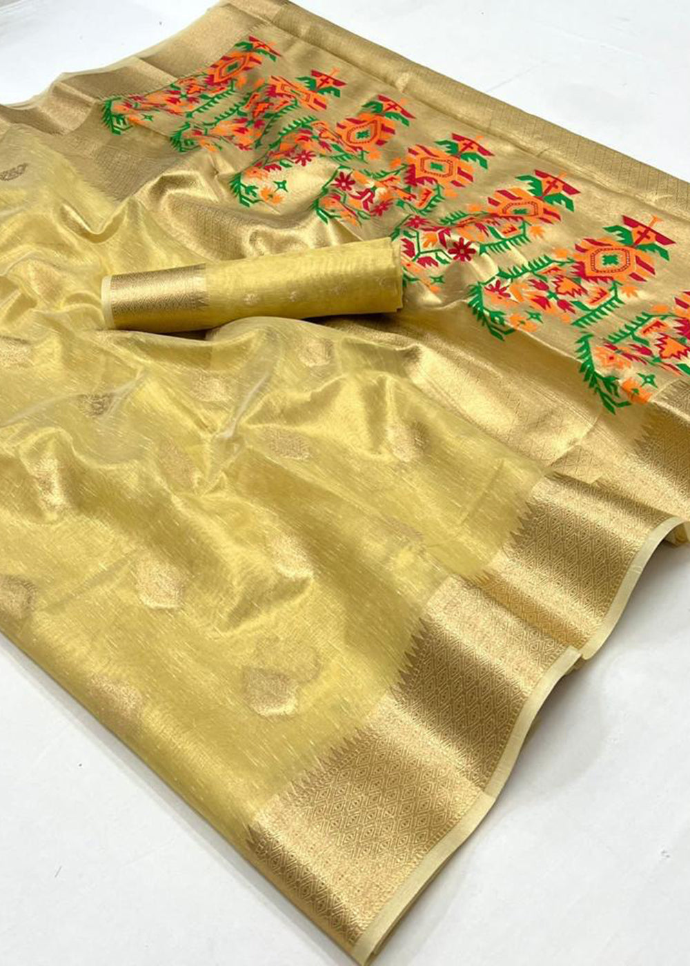 Buy Now Golden Handwoven Tissue Fabric Festive & Party Style Saree Online in USA, UK, Canada & Worldwide at Empress Clothing. 
