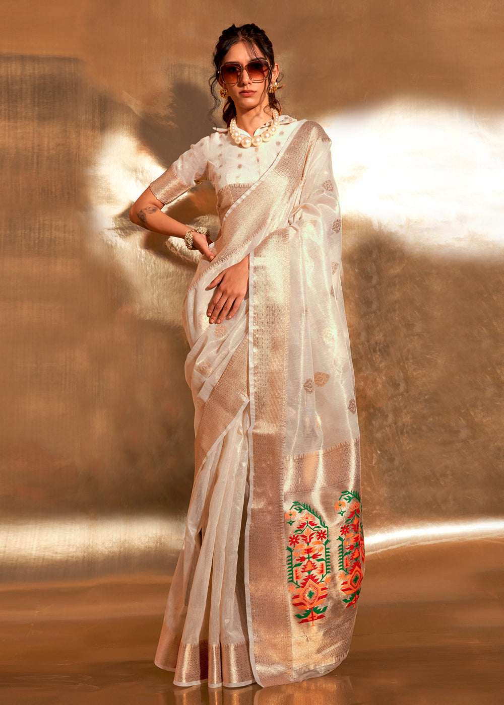 Buy Now Off White Handwoven Tissue Fabric Festive & Party Style Saree Online in USA, UK, Canada & Worldwide at Empress Clothing. 