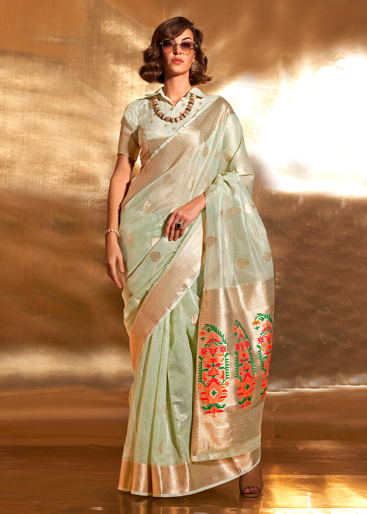 Buy Now Green Handwoven Tissue Fabric Festive & Party Style Saree Online in USA, UK, Canada & Worldwide at Empress Clothing.