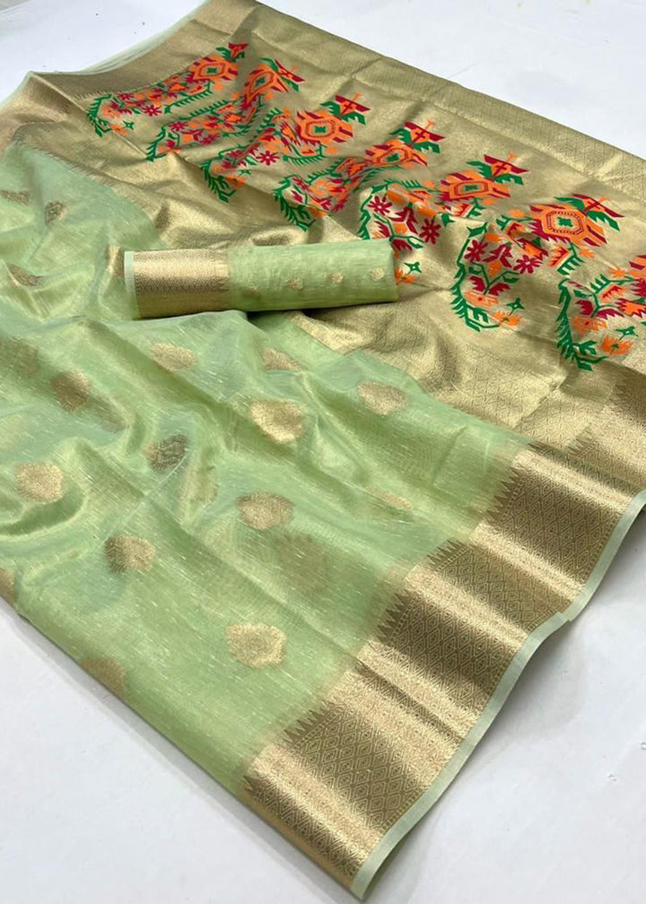 Buy Now Green Handwoven Tissue Fabric Festive & Party Style Saree Online in USA, UK, Canada & Worldwide at Empress Clothing.