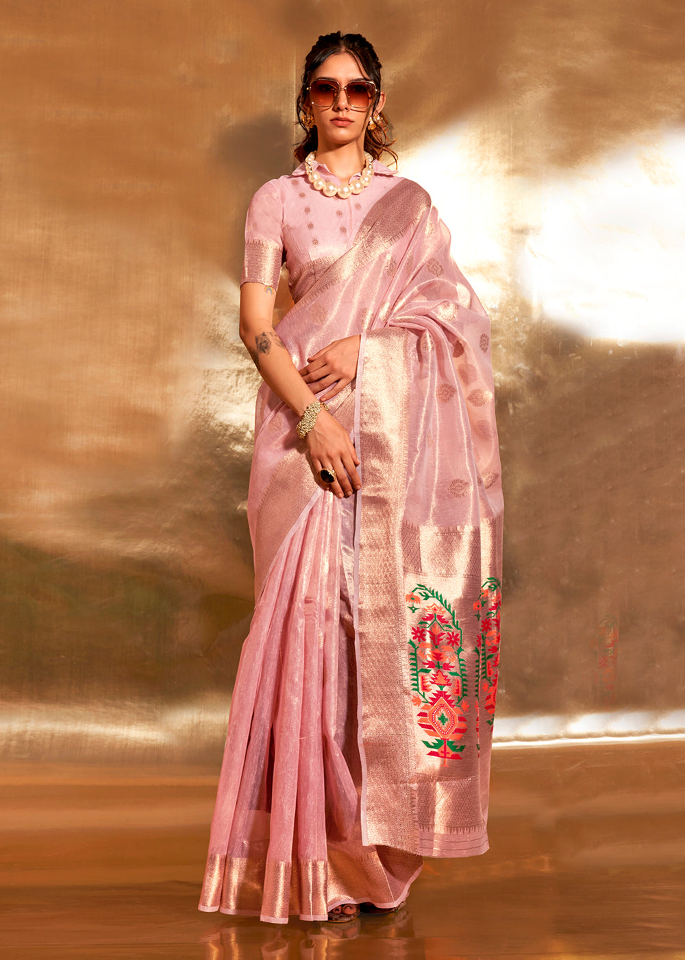 Buy Now Pink Handwoven Tissue Fabric Festive & Party Style Saree Online in USA, UK, Canada & Worldwide at Empress Clothing.