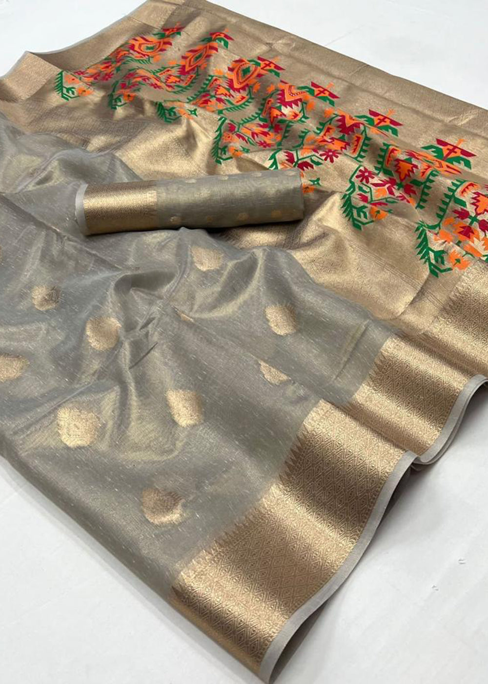 Buy Now Grey Handwoven Tissue Fabric Festive & Party Style Saree Online in USA, UK, Canada & Worldwide at Empress Clothing.