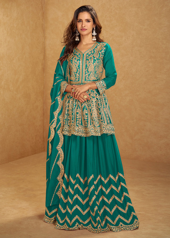 Buy Now Green Mirror & Sequins Embroidered Festive Lehenga Skirt Suit Online in USA, UK, Canada, Germany, Italy, France, UAE, Australia & Worldwide at Empress.