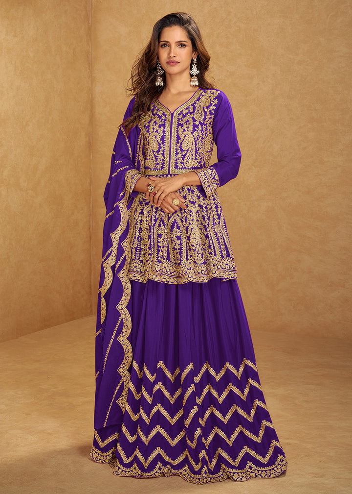 Buy Now Purple Mirror & Sequins Embroidered Festive Lehenga Skirt Suit Online in USA, UK, Canada, Germany, Italy, France, UAE, Australia & Worldwide at Empress.