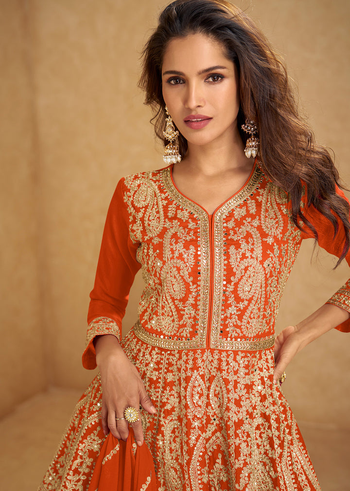 Buy Now Orange Mirror & Sequins Embroidered Festive Lehenga Skirt Suit Online in USA, UK, Canada, Germany, Italy, France, UAE, Australia & Worldwide at Empress.