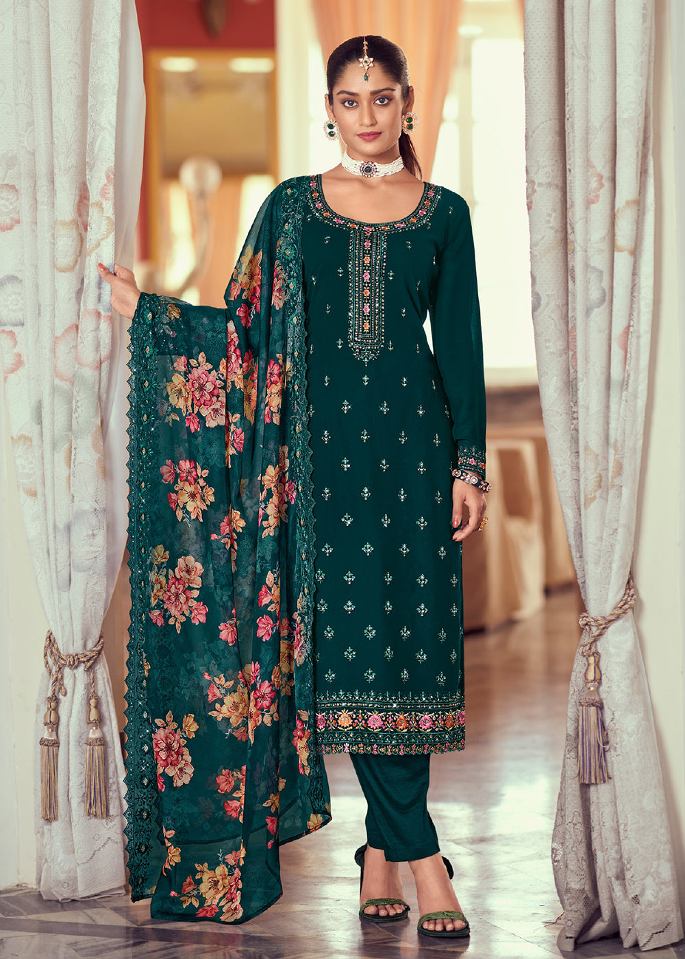 Buy Now Heavy Embroidered Classy Teal Georgette Festive Salwar Suit Online in USA, UK, Canada, Germany, Australia & Worldwide at Empress Clothing. 