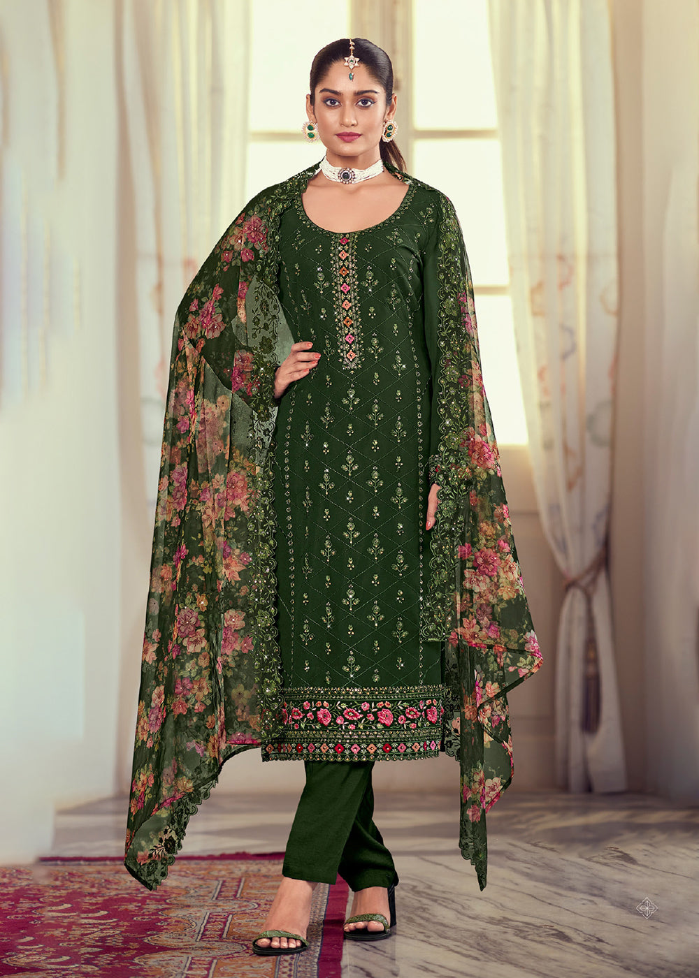 Buy Now Heavy Embroidered Classy Green Georgette Festive Salwar Suit Online in USA, UK, Canada, Germany, Australia & Worldwide at Empress Clothing.