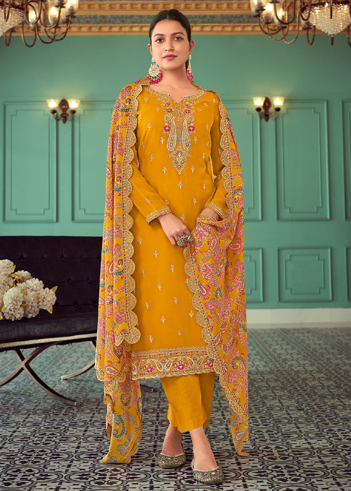 Buy Now Mustard Real Georgette Embroidered Pant Style Salwar Suit Online in USA, UK, Canada, Germany, Australia & Worldwide at Empress Clothing.