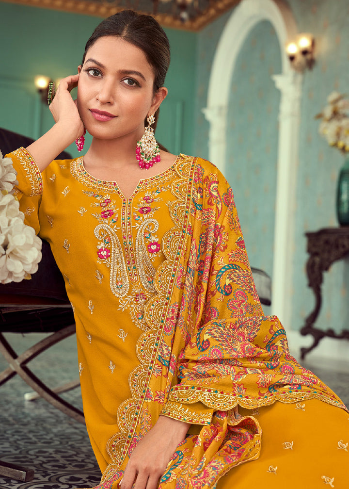 Buy Now Mustard Real Georgette Embroidered Pant Style Salwar Suit Online in USA, UK, Canada, Germany, Australia & Worldwide at Empress Clothing.