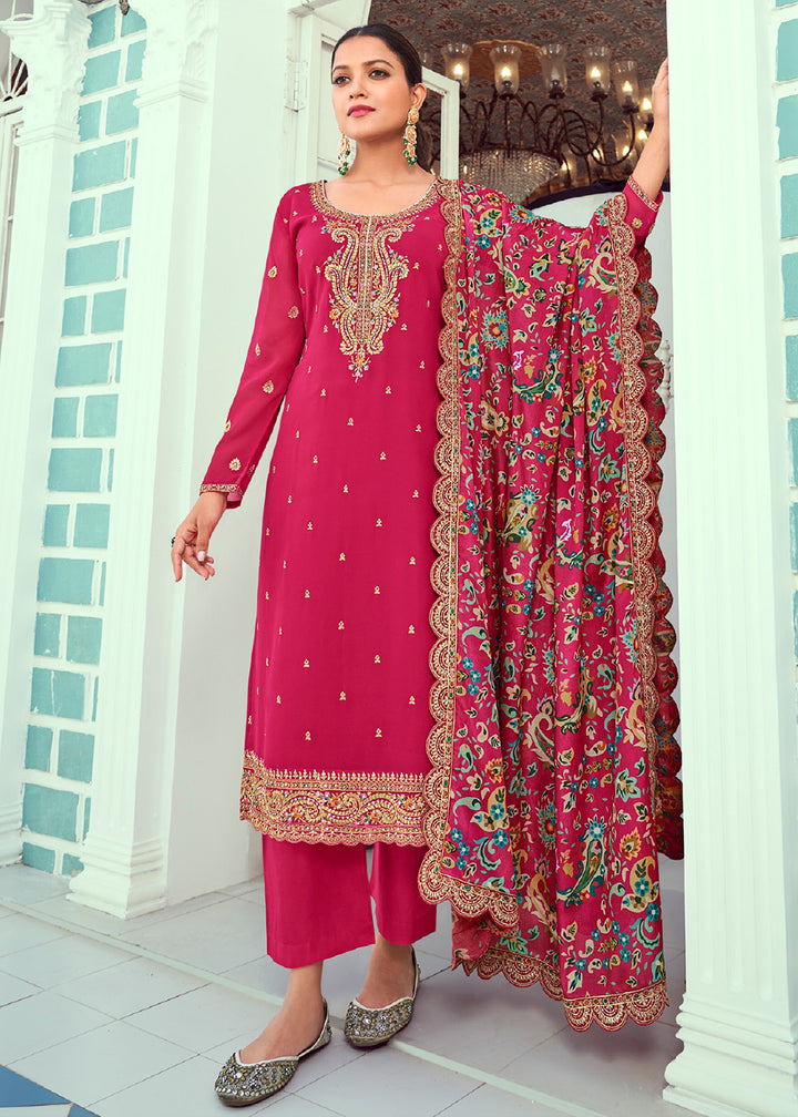 Buy Now Pink Real Georgette Embroidered Pant Style Salwar Suit Online in USA, UK, Canada, Germany, Australia & Worldwide at Empress Clothing.