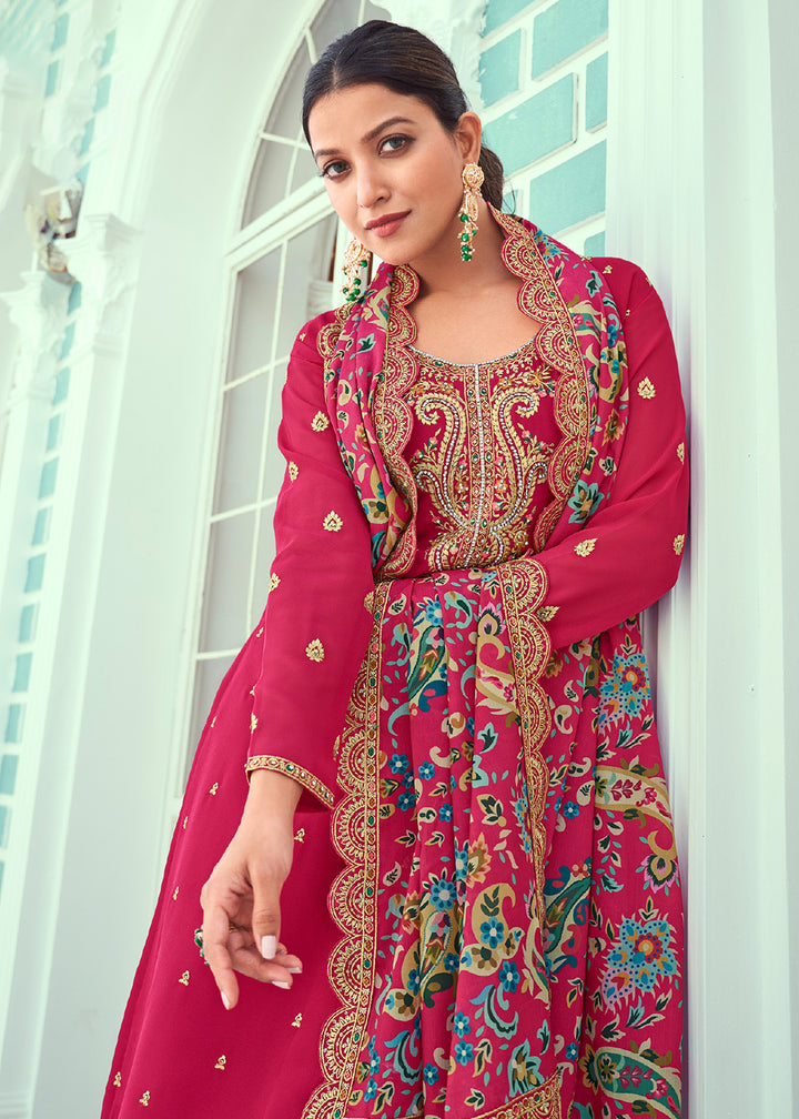 Buy Now Pink Real Georgette Embroidered Pant Style Salwar Suit Online in USA, UK, Canada, Germany, Australia & Worldwide at Empress Clothing.