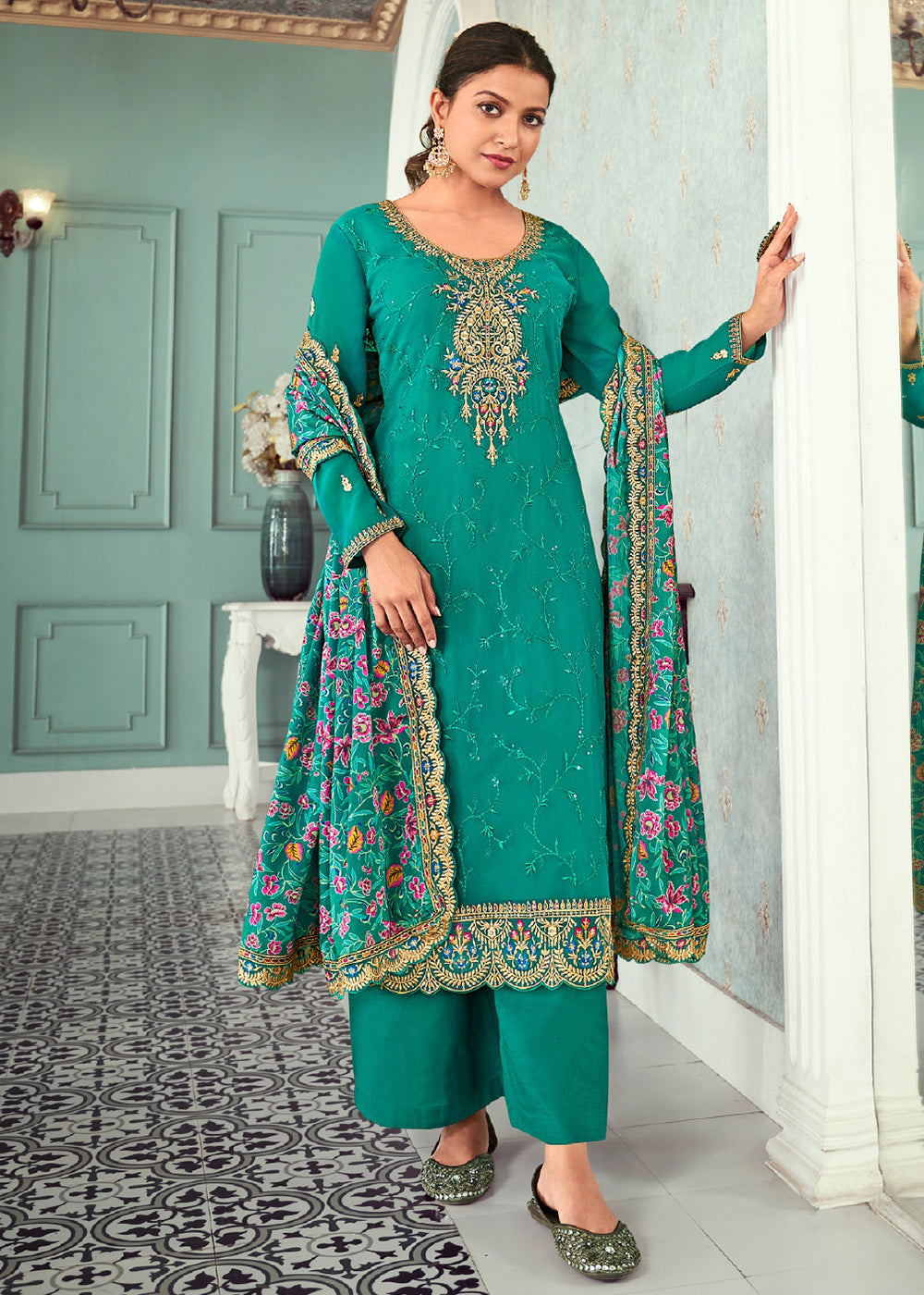 Sea Green Anarkali Suit/ Salwar Kameez Pant Suit/ Eid Style Suit/Designer Pakistani Wedding Wear/ Georgette Embroidery outlet Work/Readymade Dress