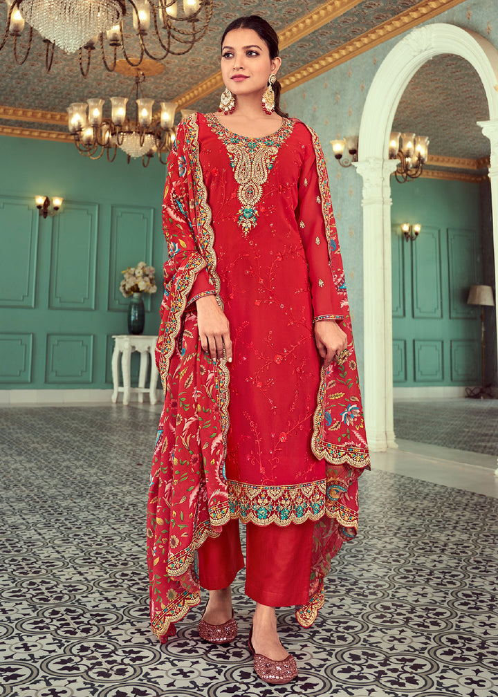 Buy Now Red Real Georgette Embroidered Pant Style Salwar Suit Online in USA, UK, Canada, Germany, Australia & Worldwide at Empress Clothing. 