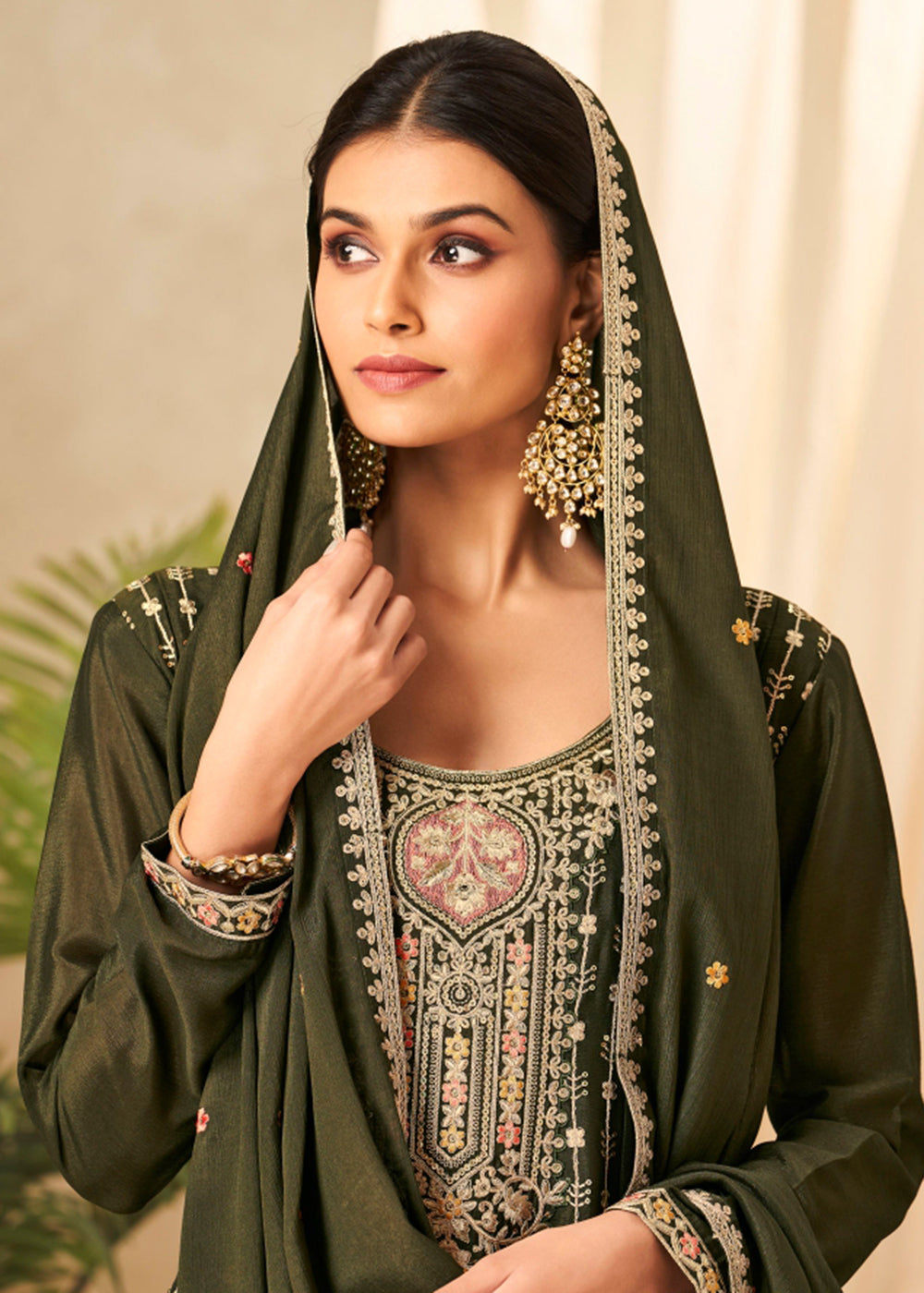 Buy Now Mehndi Green Heavy Chinnon Wedding Festive Salwar Suit Online in USA, UK, Canada, Germany, Australia & Worldwide at Empress Clothing. 