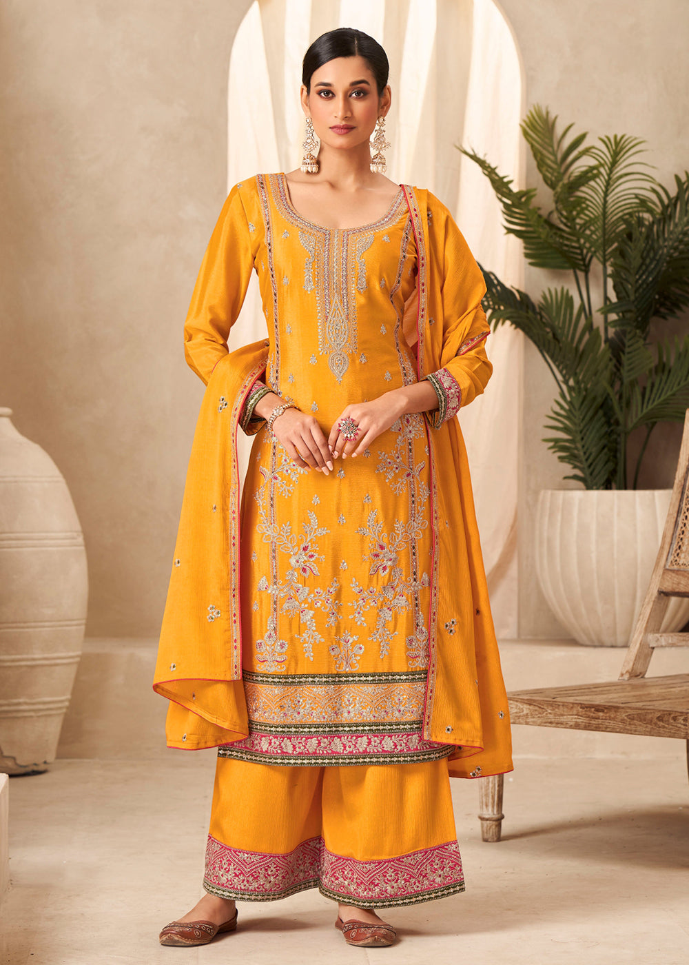 Buy Now Bright Yellow Heavy Chinnon Wedding Festive Salwar Suit Online in USA, UK, Canada, Germany, Australia & Worldwide at Empress Clothing. 