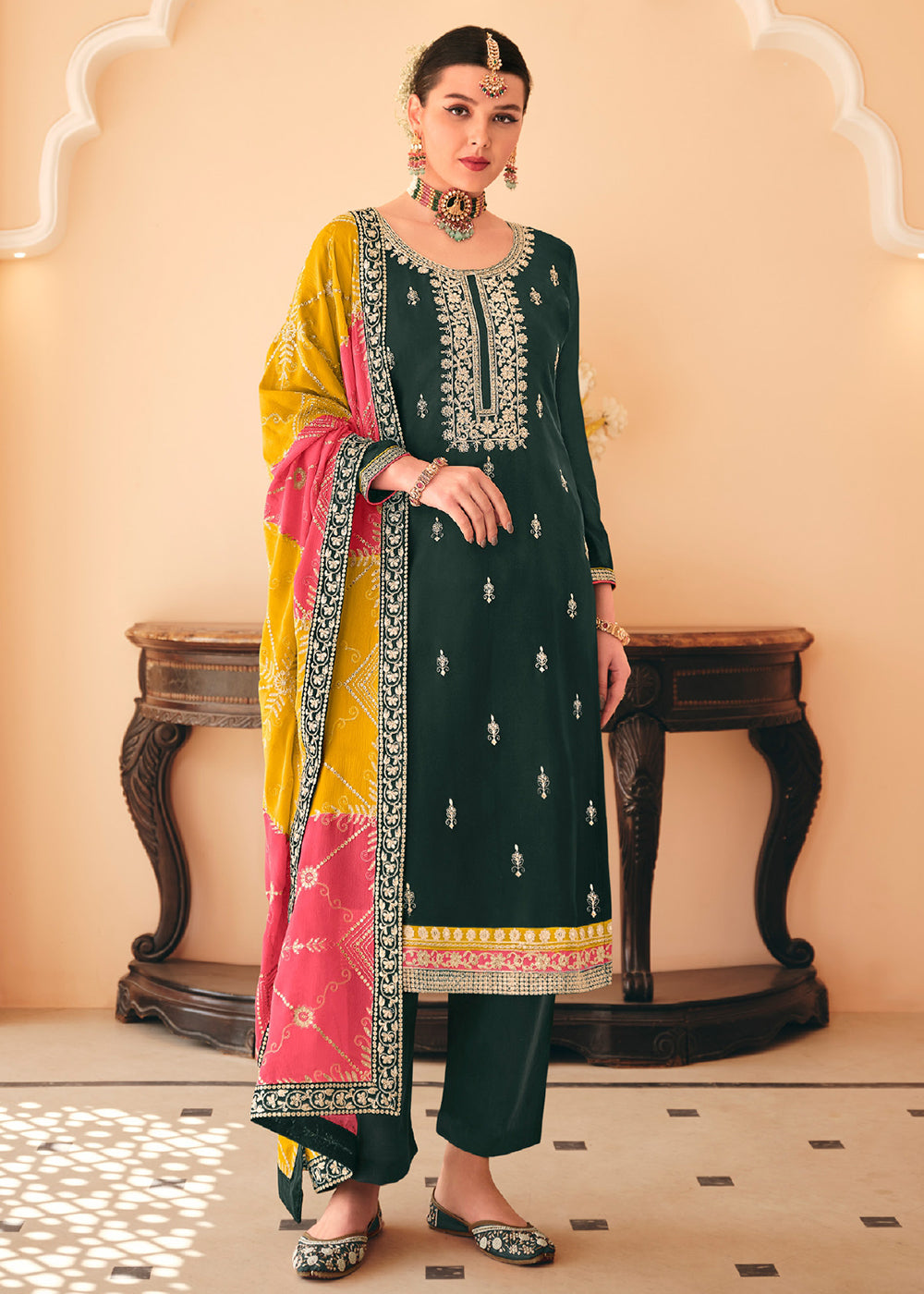 Buy Now Dazzling Green Embroidered Chinnon Pant Style Salwar Surta Online in USA, UK, Canada, Germany, Australia & Worldwide at Empress Clothing. 