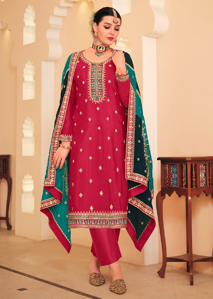 Buy Now Dazzling Red Embroidered Chinnon Pant Style Salwar Surta Online in USA, UK, Canada, Germany, Australia & Worldwide at Empress Clothing.