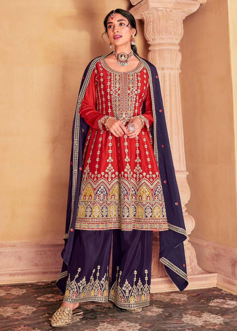 Buy Now Amazing Red Heavy Chinnon Embroidered Palazzo Style Suit Online in USA, UK, Canada, Germany, Australia & Worldwide at Empress Clothing. 