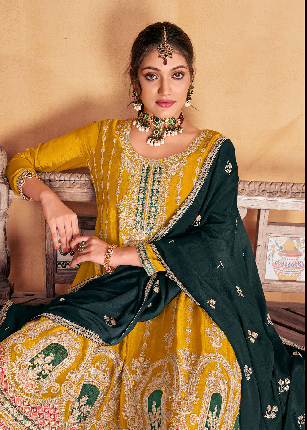 Buy Now Amazing Yellow Heavy Chinnon Embroidered Palazzo Style Suit Online in USA, UK, Canada, Germany, Australia & Worldwide at Empress Clothing.